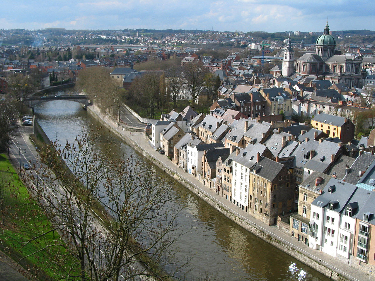 Namur (Belgium), the Sambre river, the old city and the St. Aubin cathedral (XVIIIth century).